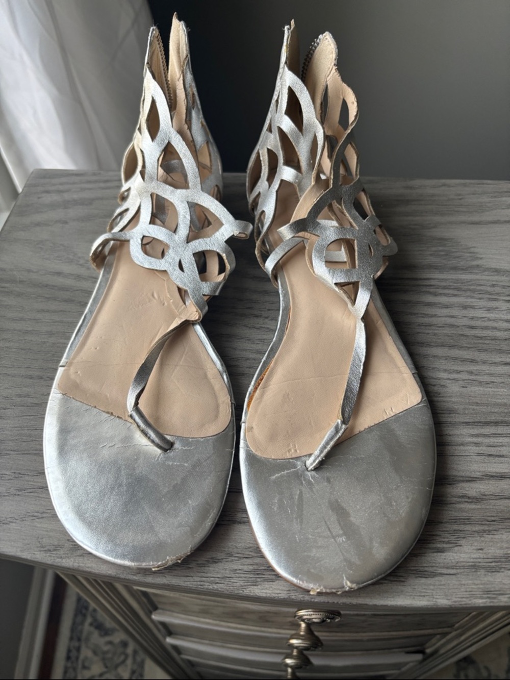 Nine West Silver Cutout Thong Sandals